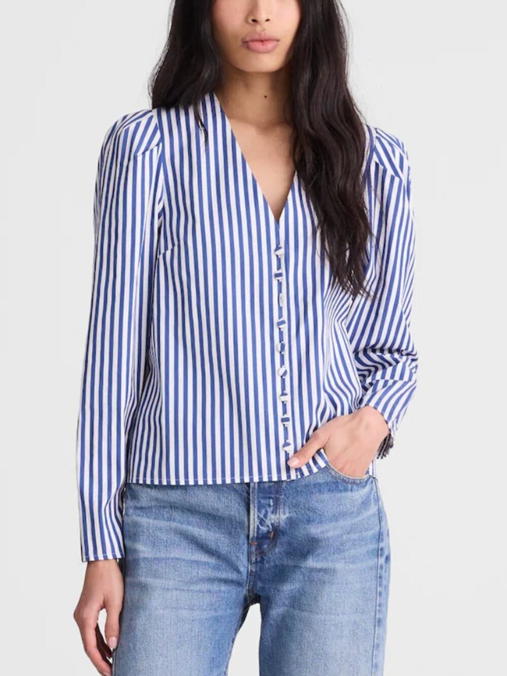 Madewell Stacked Button V-Neck Cotton Poplin Shirt Blue White Size XXS NWT